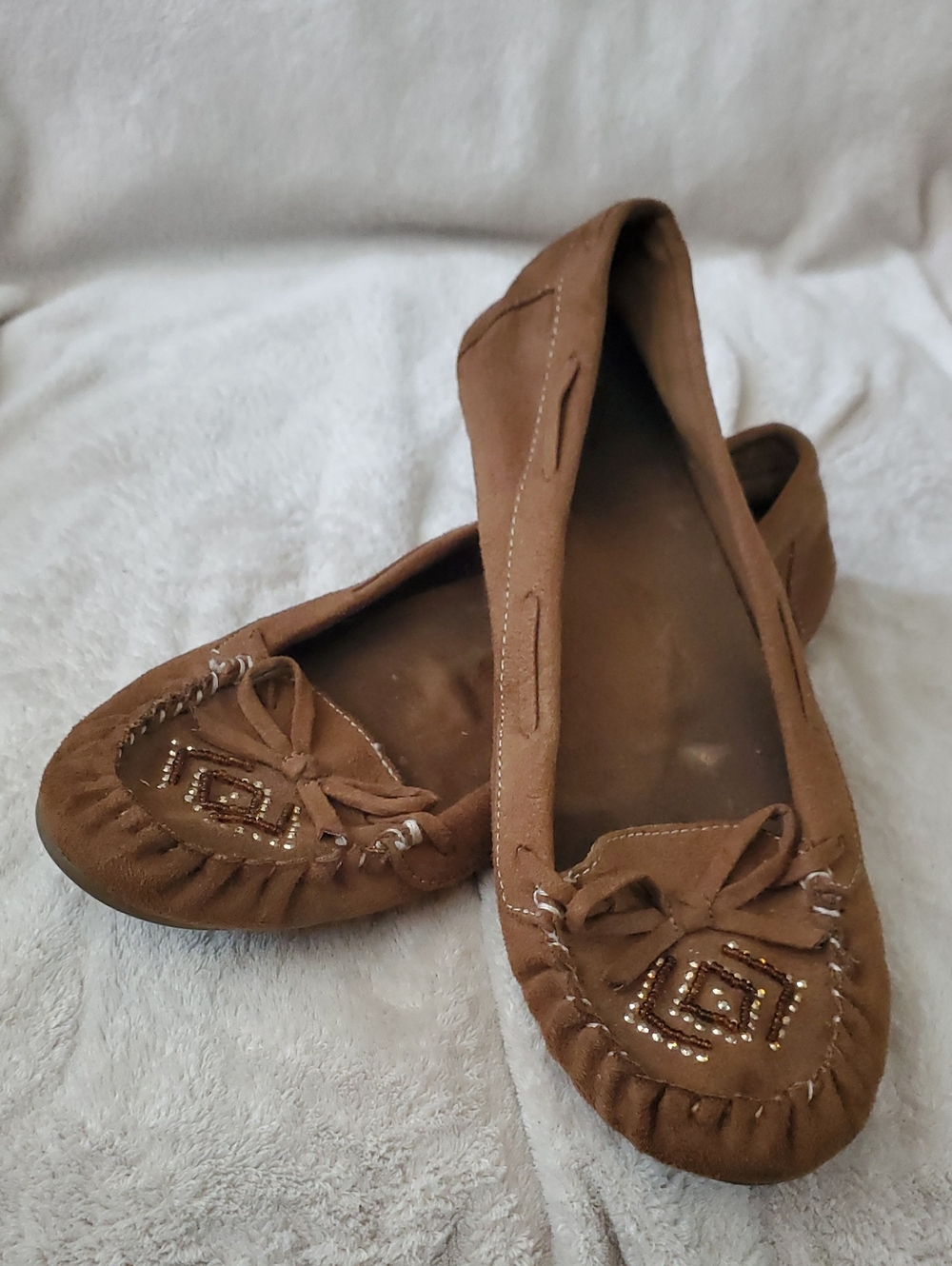 Brown Suede Moccasin Flats with Beaded Accent